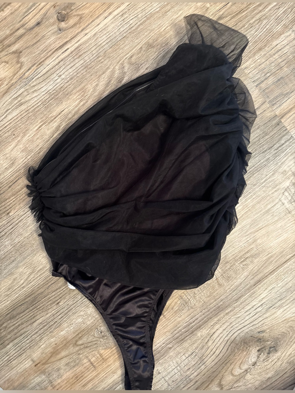 PrettyLittleThing Black One-Shoulder Sheer Ruffle Bodysuit